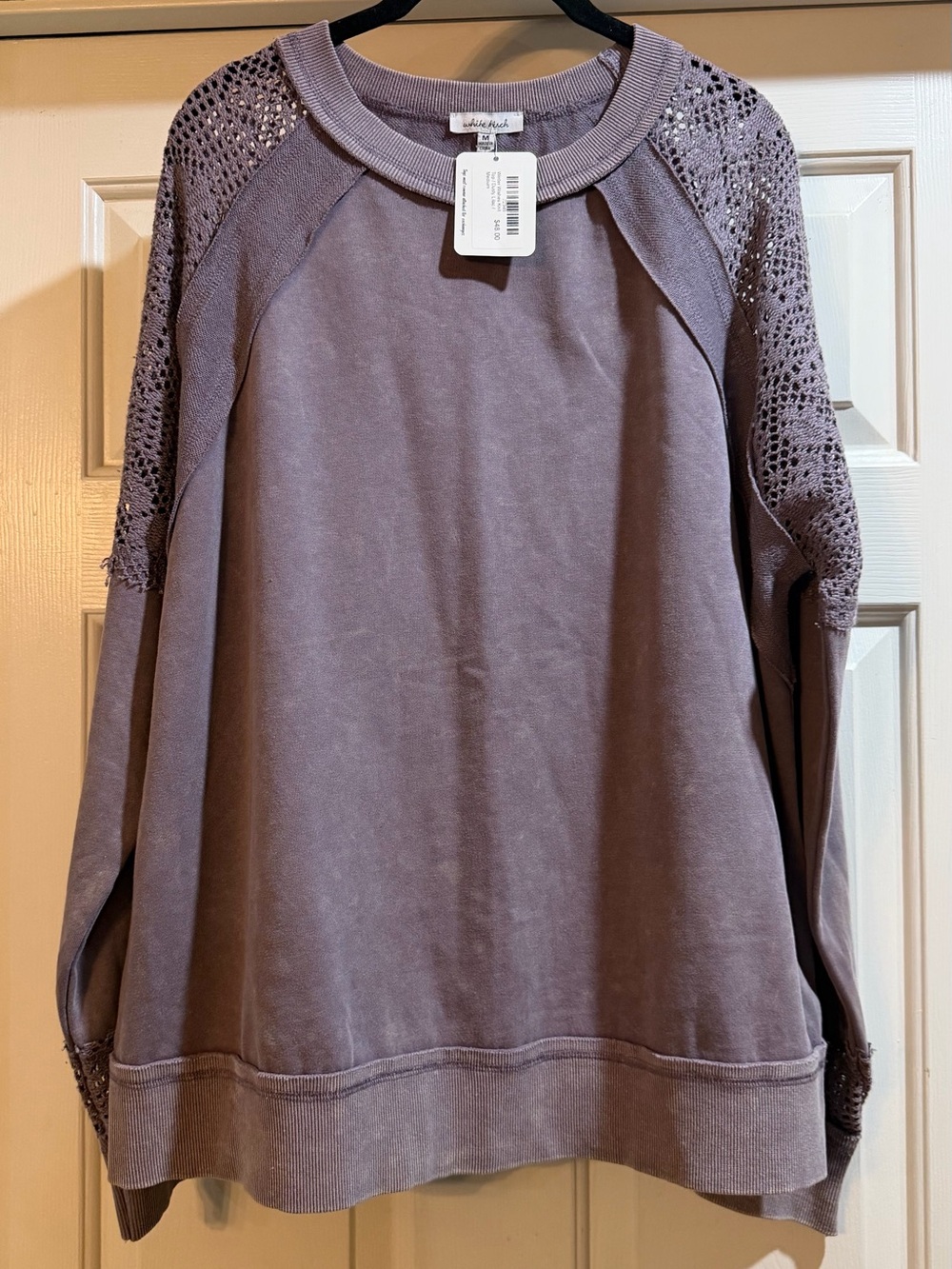 White Birch NWT Lavender Crochet-Sleeve Sweatshirt Size Med #cozy #fall P2P 24”